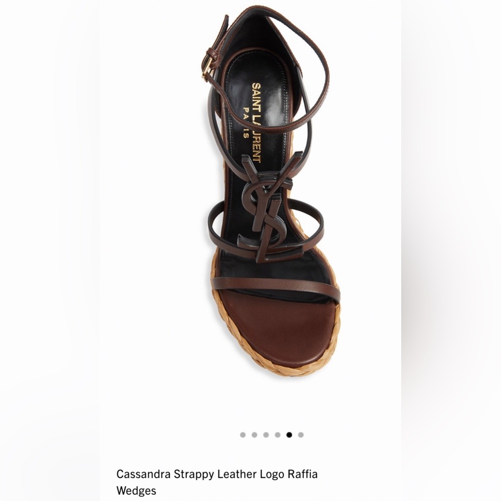 Cassandra Strappy Leather YSL Logo Raffia Wedges